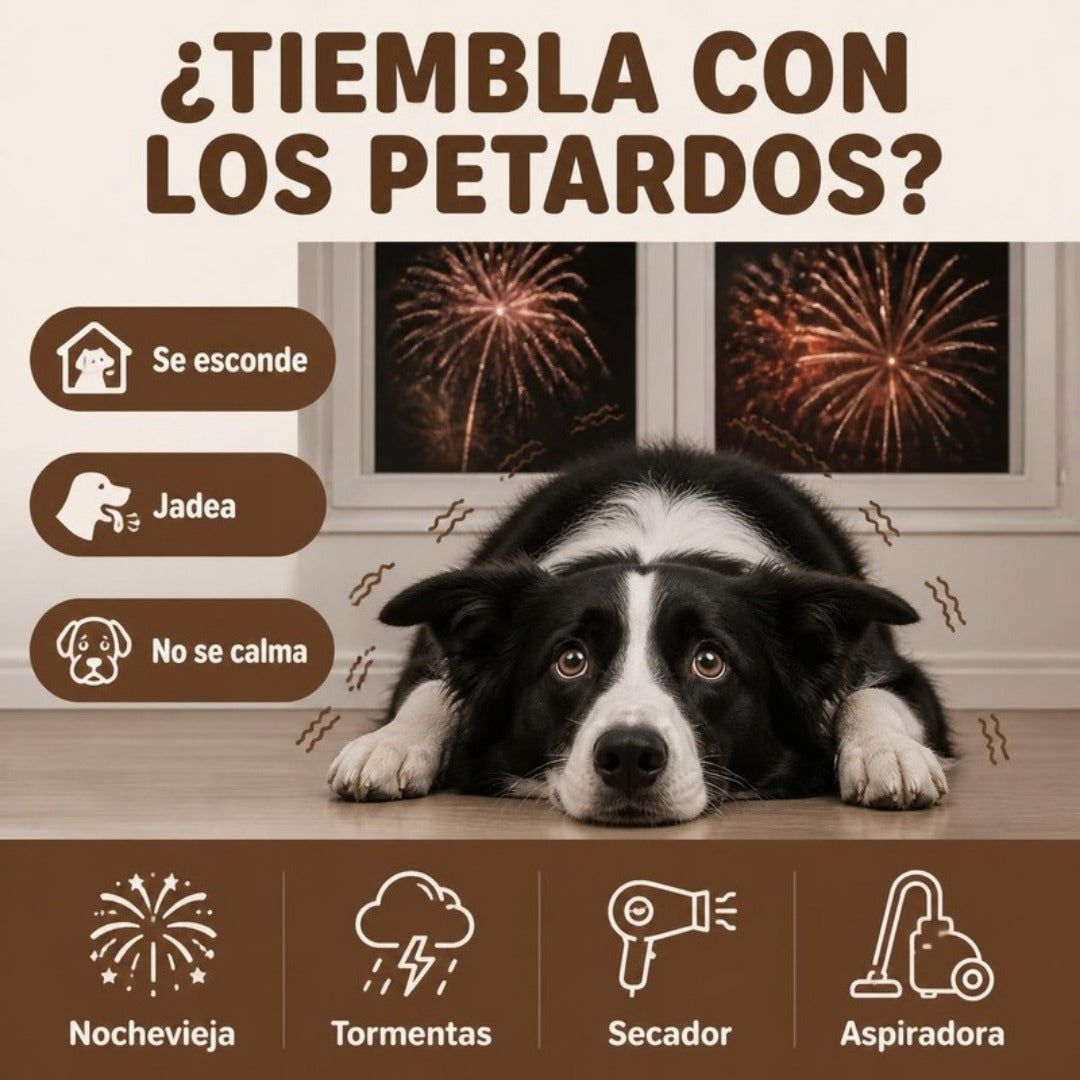 Perro que tiembla con los petardos: se esconde, jadea, no se calma